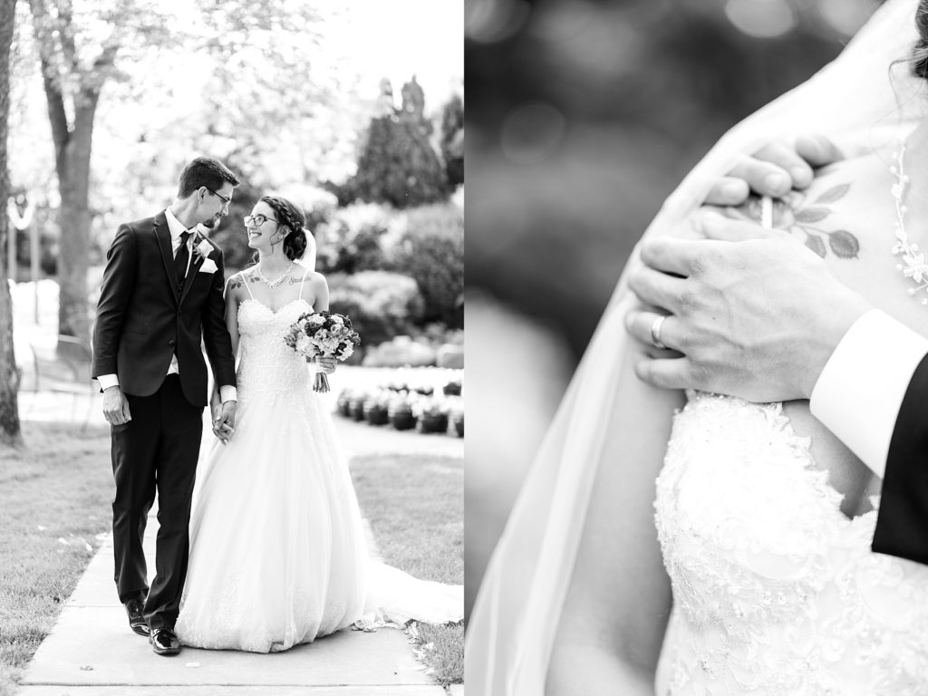 black and white photo of the couple smiling at each other and a detail shot of the grooms ring at the Florian Gardens