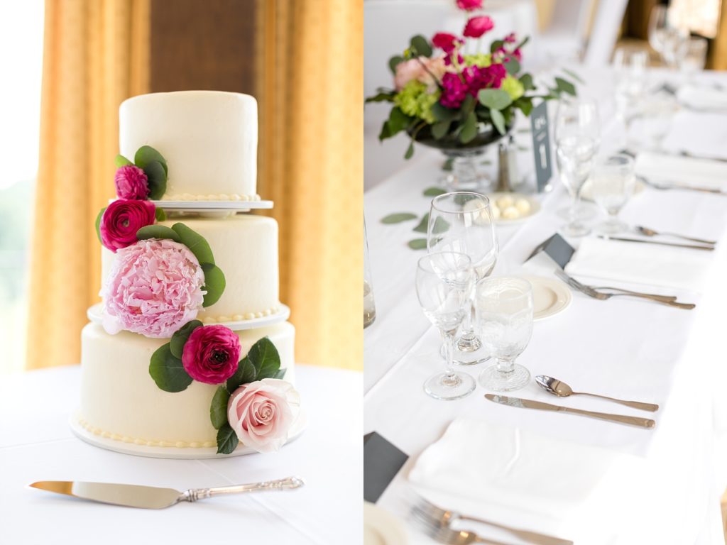 Wedding cake by Buttercream of Eau Claire and place settings at the Eau Claire Golf & Country Club