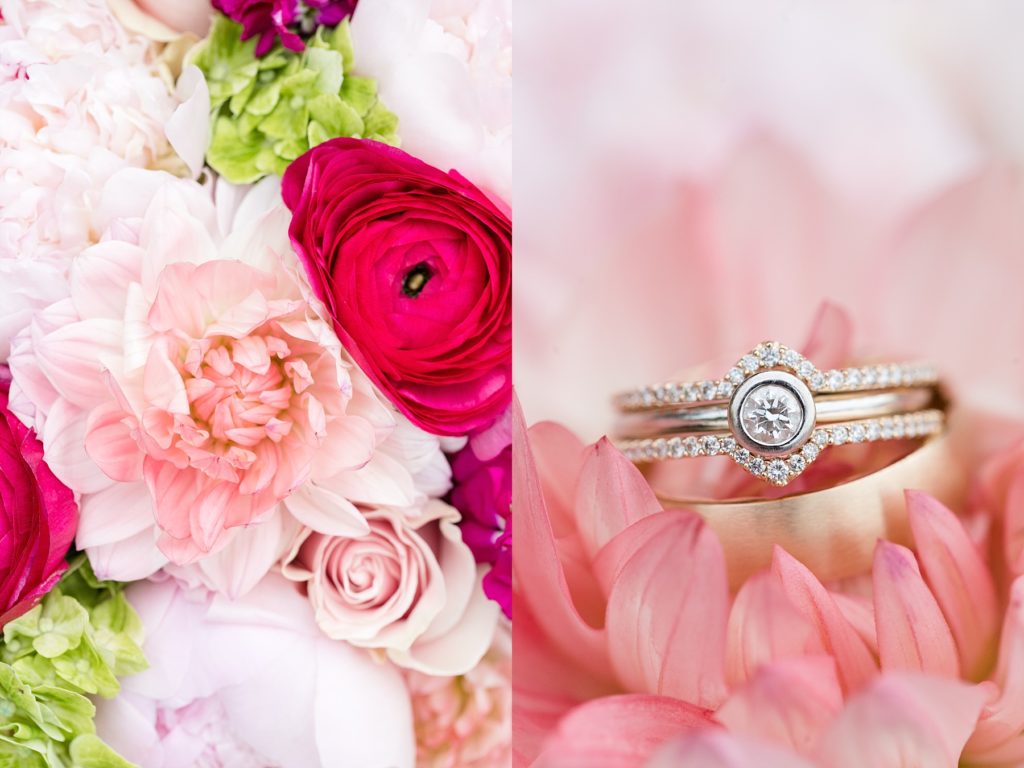 bride's bouquet by Brent Douglas in Eau Claire and brides rings sitting inside the dahlia