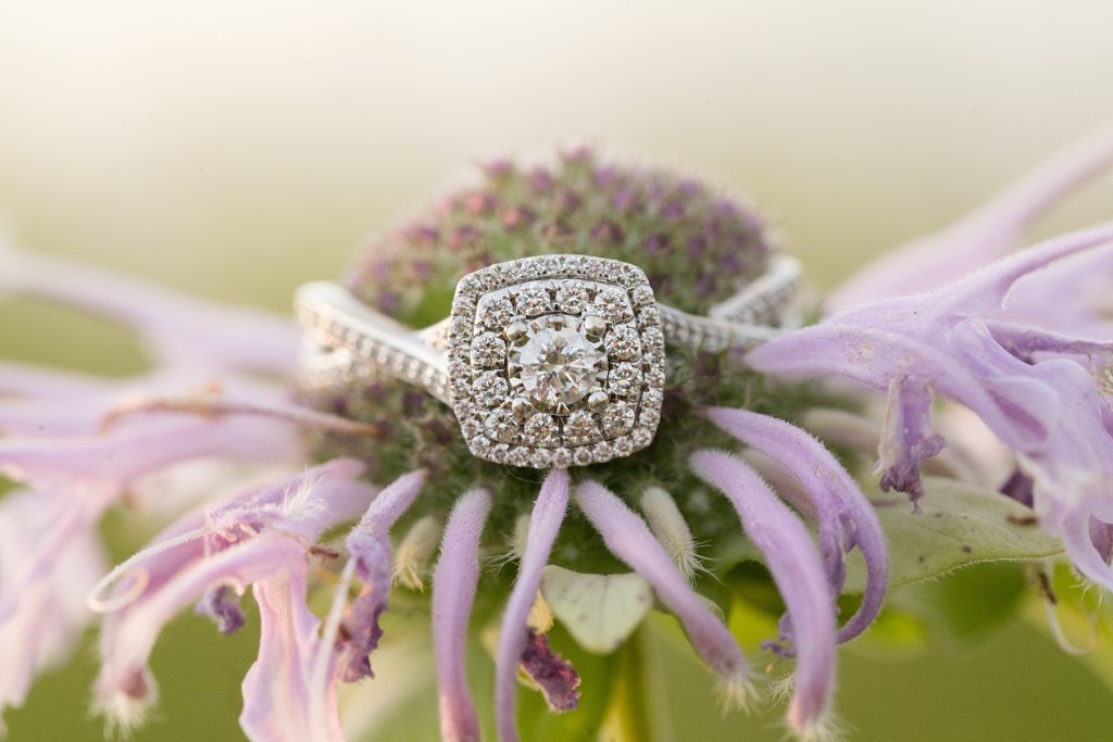 engagement ring on a purple flower 