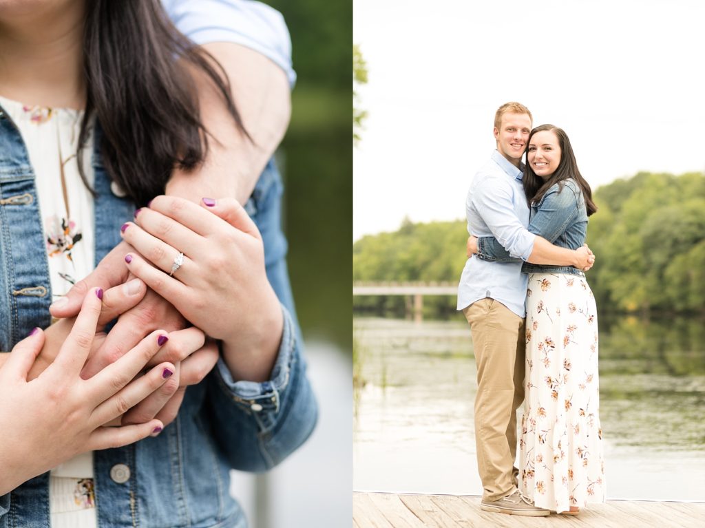close up of hands and couple smiling at the camera on a dock in Brunet Island State Park for their engagement pictures