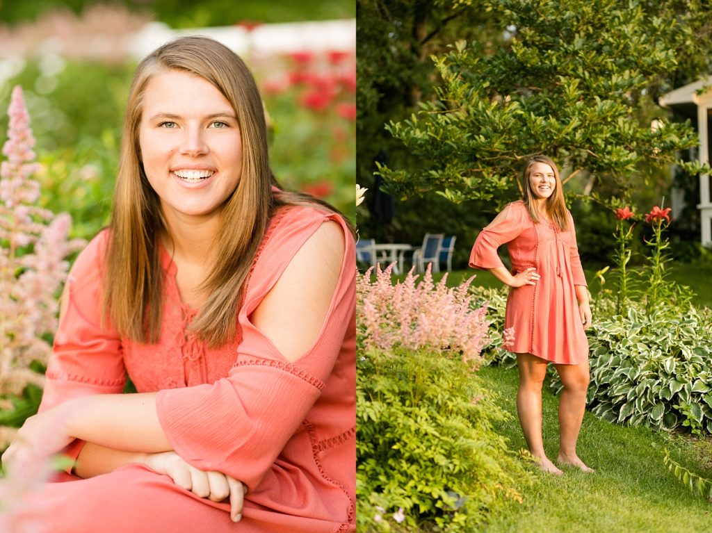girl in a flower garden standing and sitting for her Chi Hi senior photos