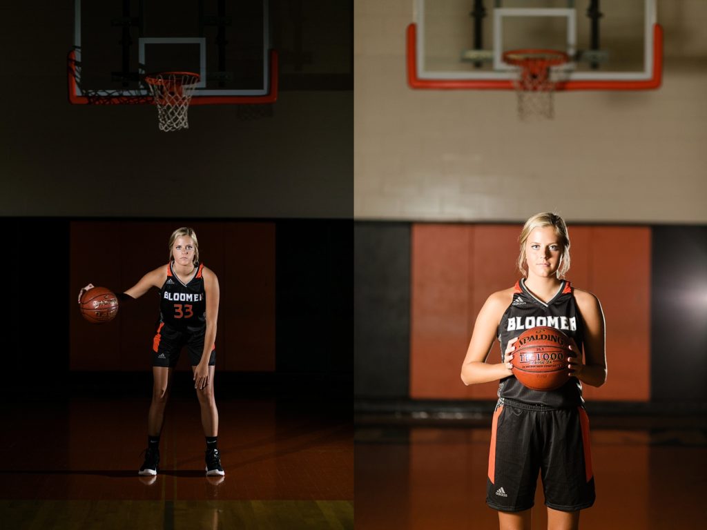 girl dribbling a basketball in the Bloomer High School gym and holding the basketball in dark photos
