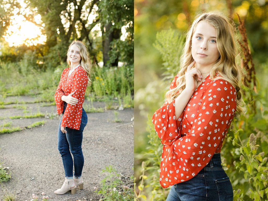 girl in an abandoned parking lot for her boho senior photos in Eau Claire