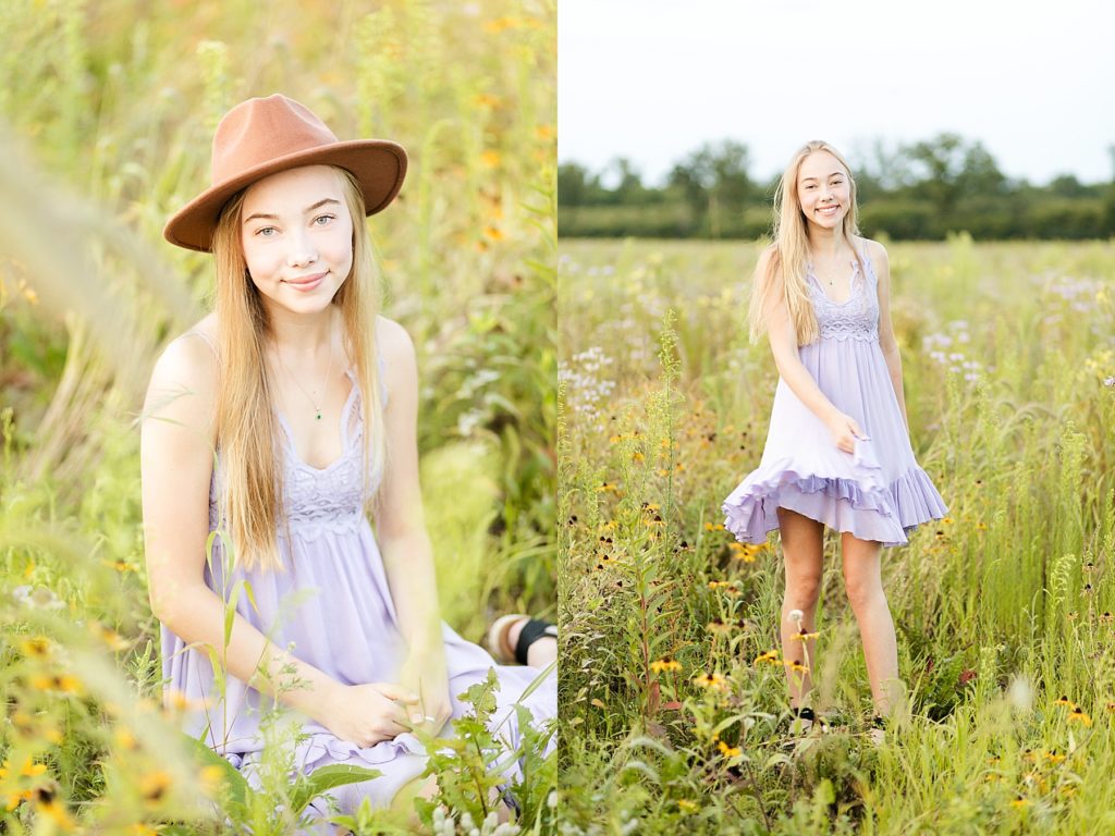 girl twirling in a field in a Free People dress for her Eau Claire boho senior photos