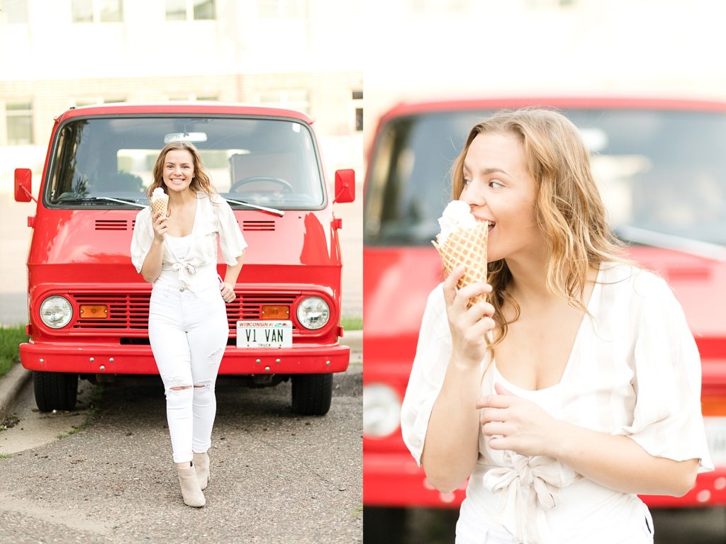 old red chevy van behind a girl eating an ice cream cone from Ramones in Eau Claire for her sweet 16 photo session