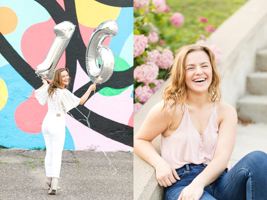 girl laughing holding balloons infront of a wall for her sweet 16 session