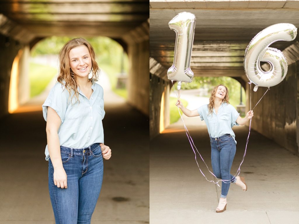 girl holding balloons in a tunnel for her sweet 16 photos in eau claire