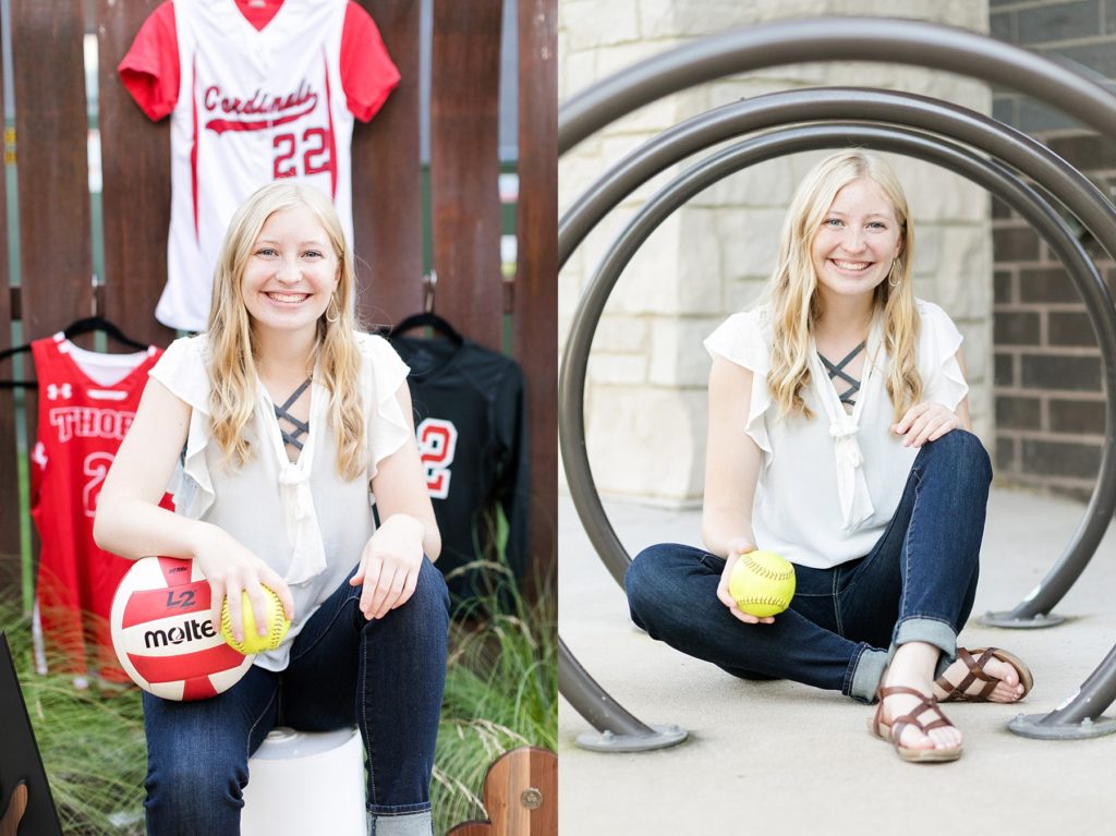 red and white Thorp WI sports uniforms hanging behind a girl smiling on a bucket and holding a softball