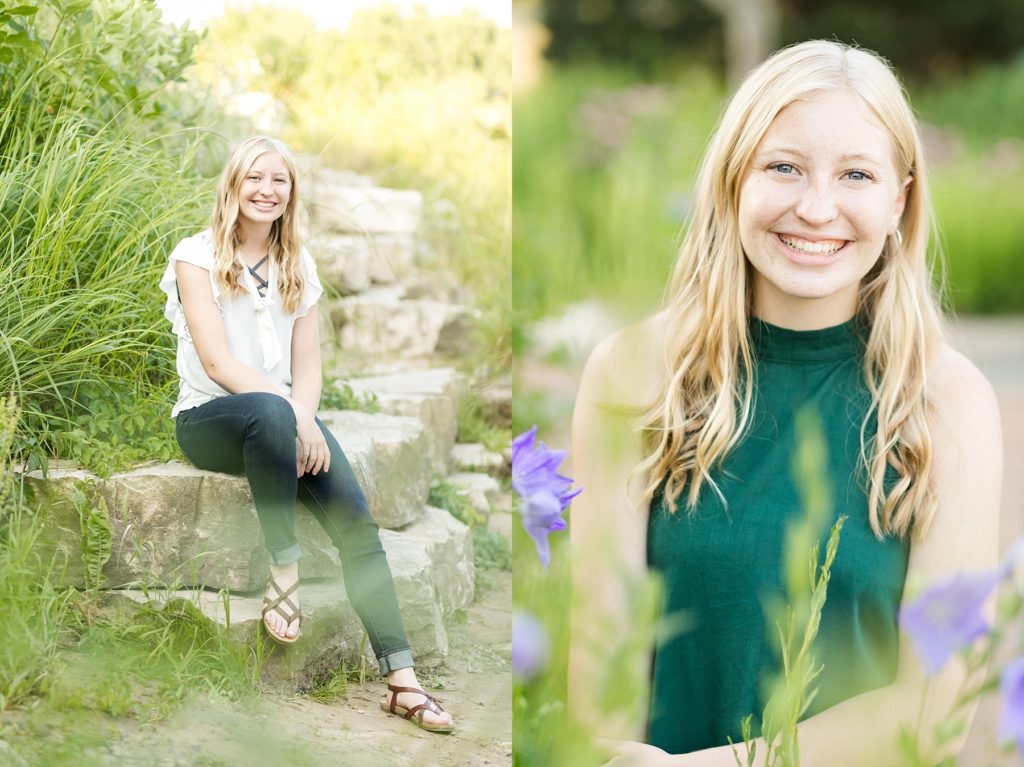 girl sitting on rocks and in flowers for her Thorp WI Senior photos