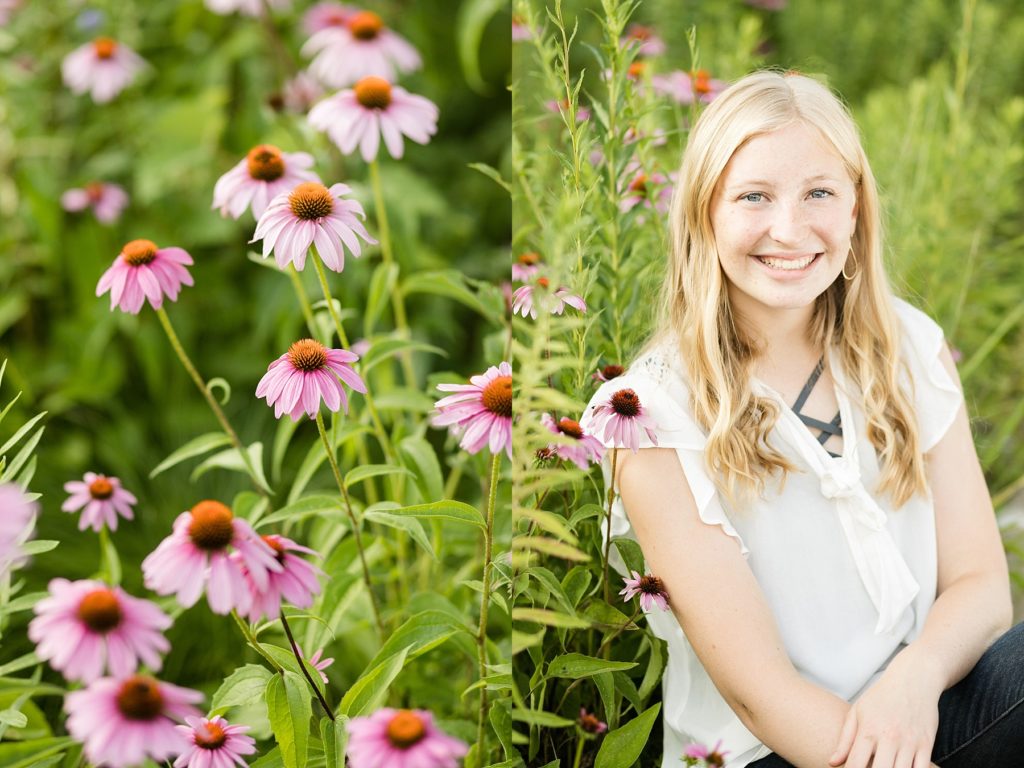 girl sitting in pink flowers for her Thorp WI Senior photos
