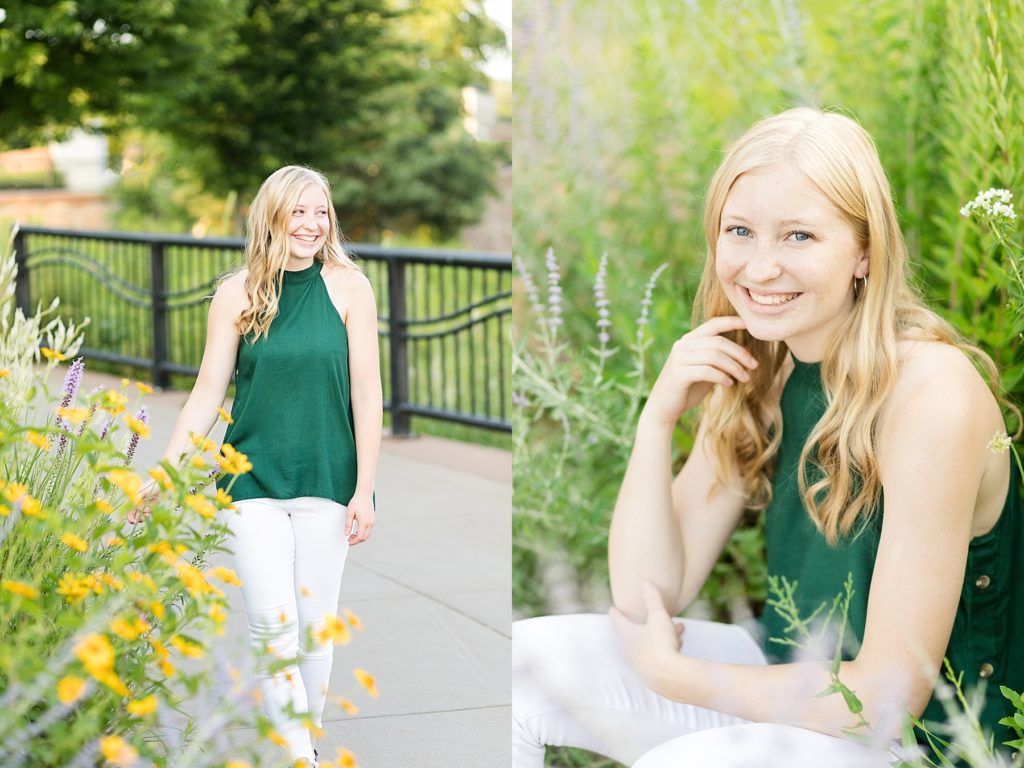 girl in green top and white jeans smiling and looking away for her Thorp WI Senior photos