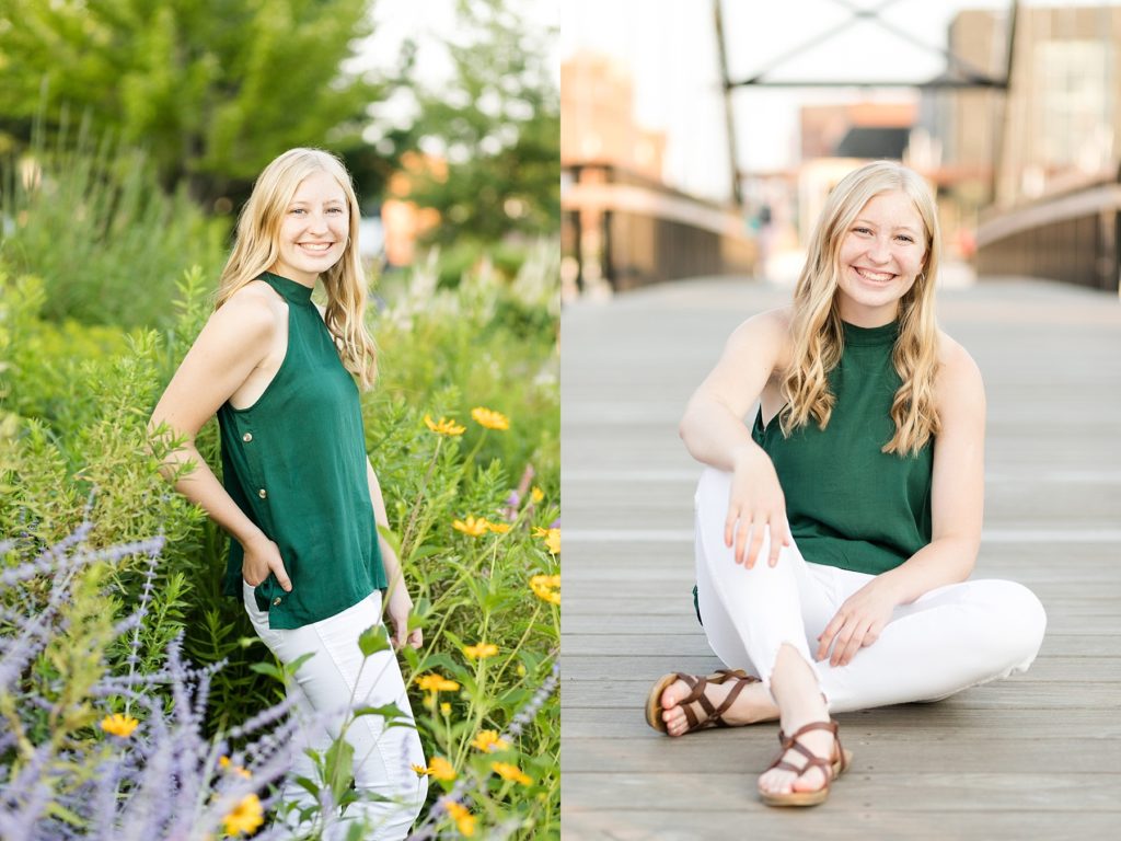 girl in flowers and sitting on a bridge for her Thorp WI Senior photos