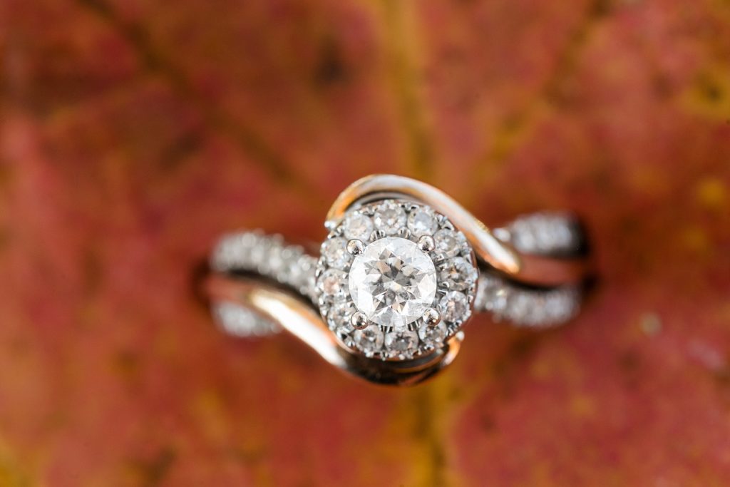 engagement ring in a leaf for their fall engagement session in Minneapolis at St. Anthony Main