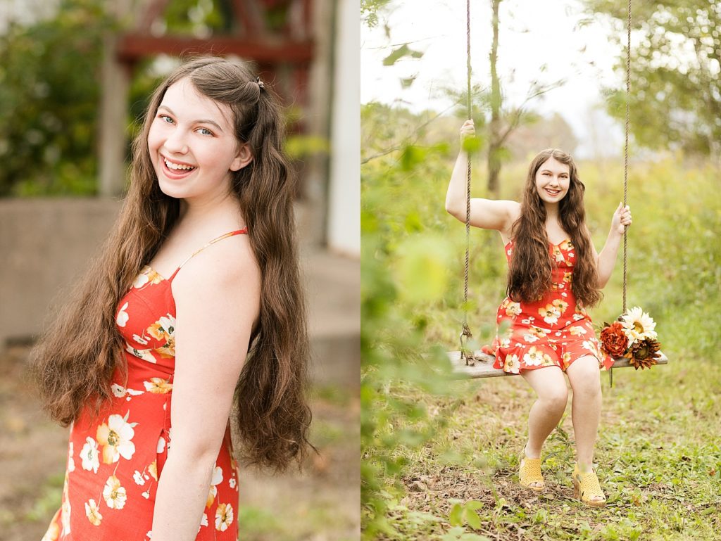 girl laughing and on a swing  for her Cadott High School senior photos