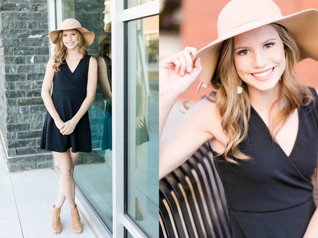girl downtown in a brown hat and black dress for her fall Eau Claire senior photos near the Pablo Center