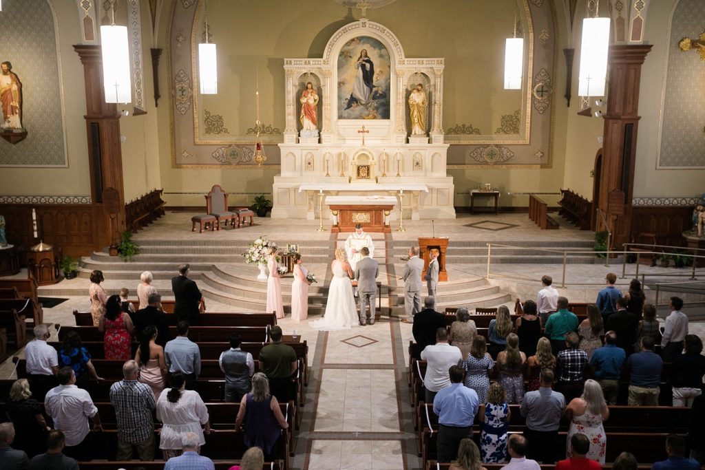 look from the balcony of the wedding ceremony at Notre Dame Catholic Church in Chippewa Falls
