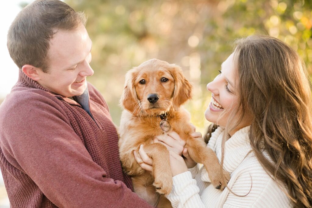 couple with new golden retriever puppy for their Eau Claire couples session with new puppy
